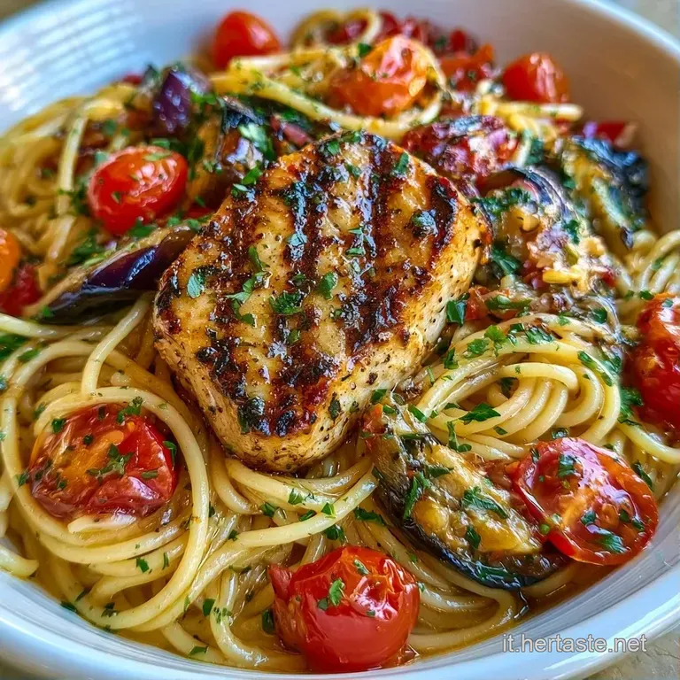 Pasta disposta in un piatto bianco, guarnita con pezzi teneri di pesce e melanzane morbide con prezzemolo fresco.