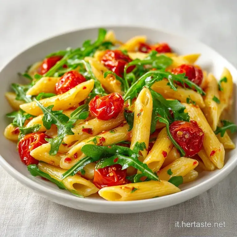 Un nido di pasta avvolto in pomodori rossi a pezzetti e rucola fresca, servito in un piatto bianco minimalista.