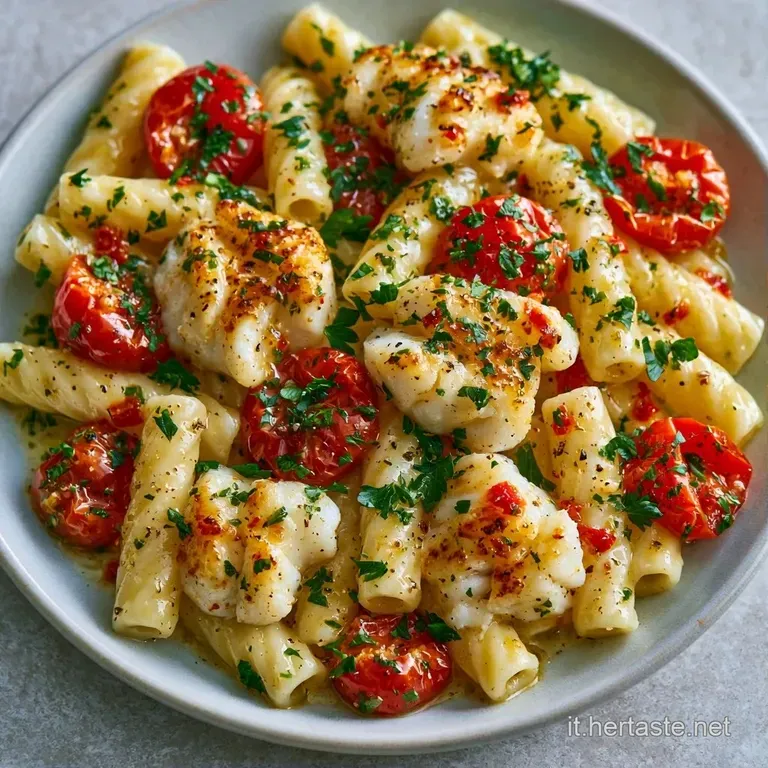 Filetto di pesce dalla crosta ambrata adagiato su una vellutata color sole in un piatto bianco, con tocchi di verde brilla...