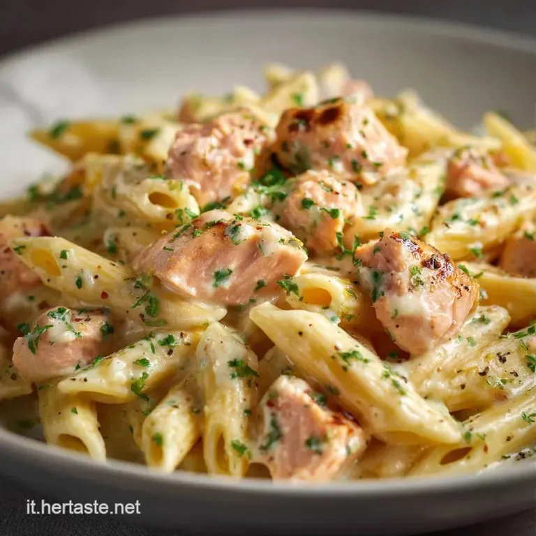 Pasta avvolta elegantemente in un nido, avvolta da una salsa vellutata e brillante, su un piatto di ceramica bianca.