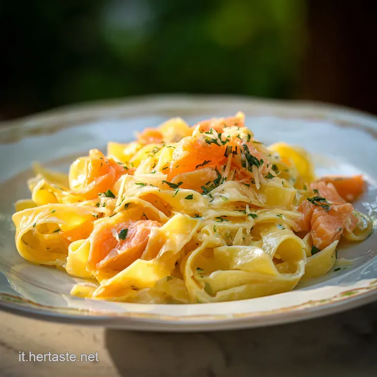 Elegant plate of salmon pasta: glistening cream sauce, tender salmon pieces, fresh parsley garnish, a delightful & balance...