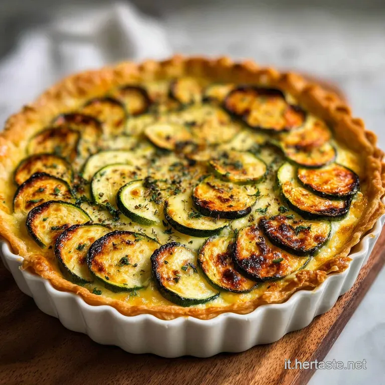 Wedge of zucchini and provola torta salata on a white plate, showcasing layers of golden crust and creamy, cheesy filling.
