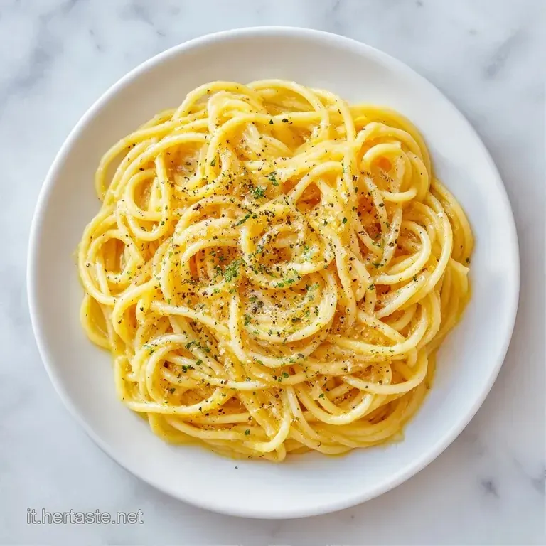 Piatto di ceramica bianca con spaghetti avvolti a spirale, condimento lucido e una spolverata di formaggio grattugiato.