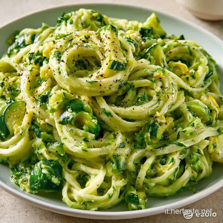 Piatto di ceramica bianca con pasta cremosa verde, zucchine croccanti e una fogliolina di basilico fresco in cima.