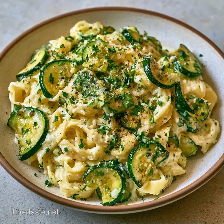 Spirali di pasta avvolte in una crema bianca vellutata, con tocchi di verde brillante e un filo d'olio lucido a specchio.