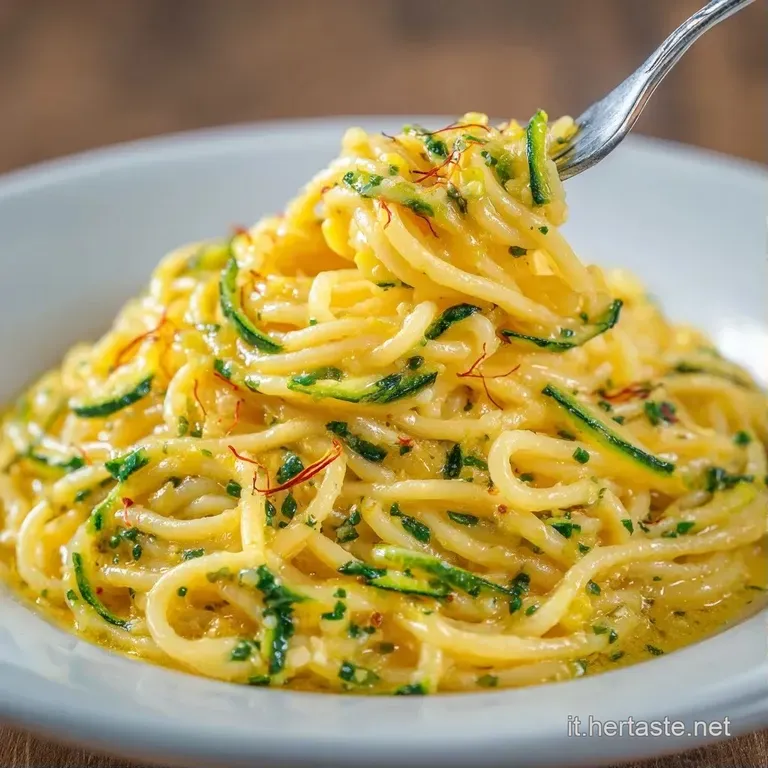Pasta cremosa giallo oro disposta a nido in un piatto bianco, guarnita con zucchine tenere e un tocco di pepe nero.