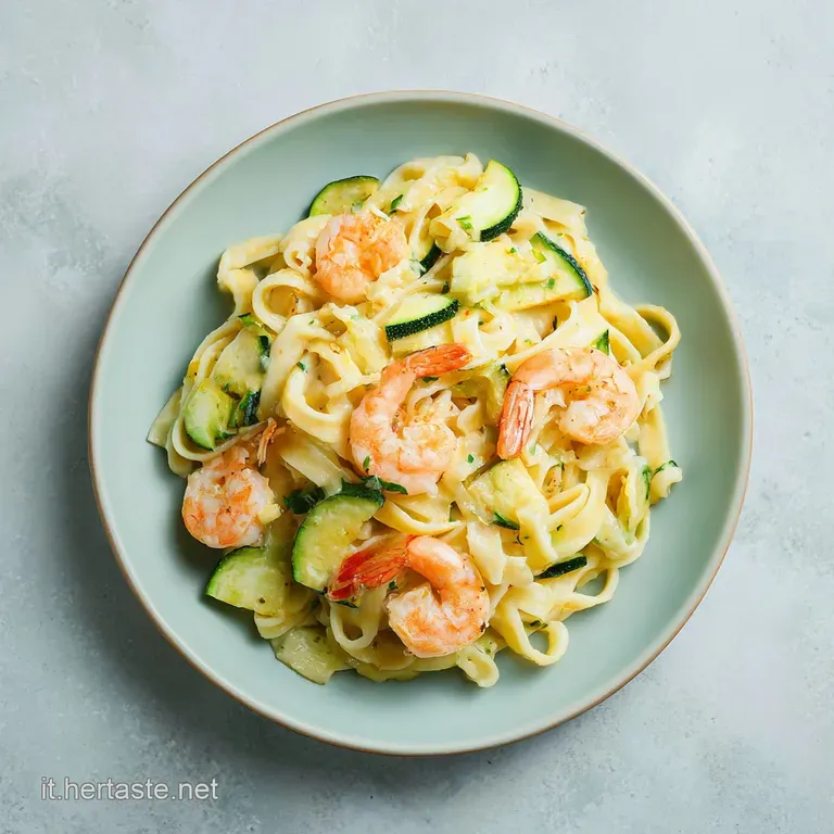 Elegant plate of twirled pasta, dotted with sliced zucchini & pink shrimp. Light sauce glistens; fresh parsley sprig accents.