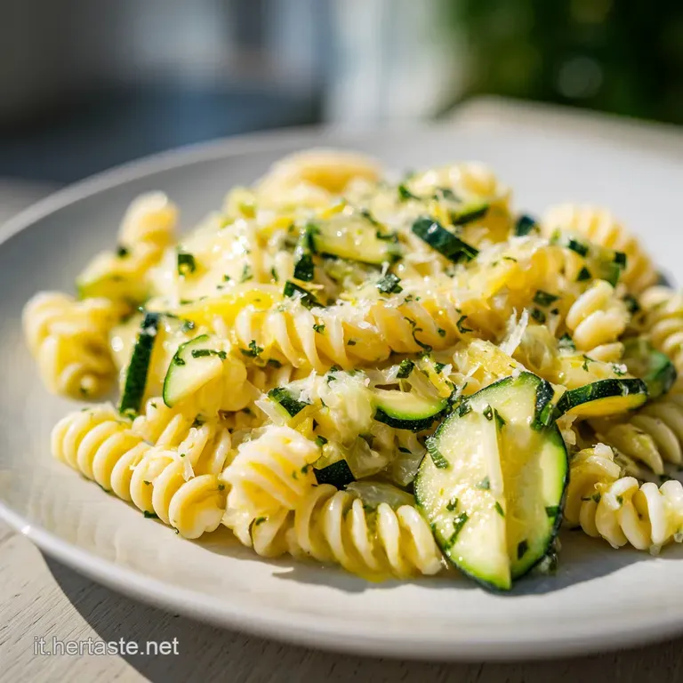 A vibrant plate of pasta, ribbons of zucchini, glistening with lemon sauce, artfully arranged and garnished with fresh herbs.