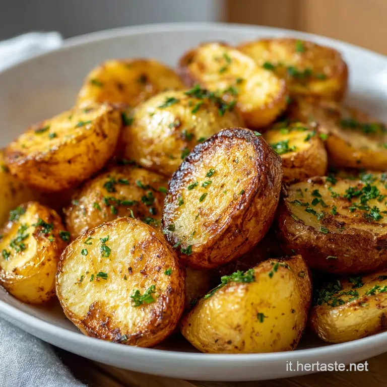 A neat stack of fluffy baked potato wedges, glistening with olive oil and sprinkled with fresh herbs.