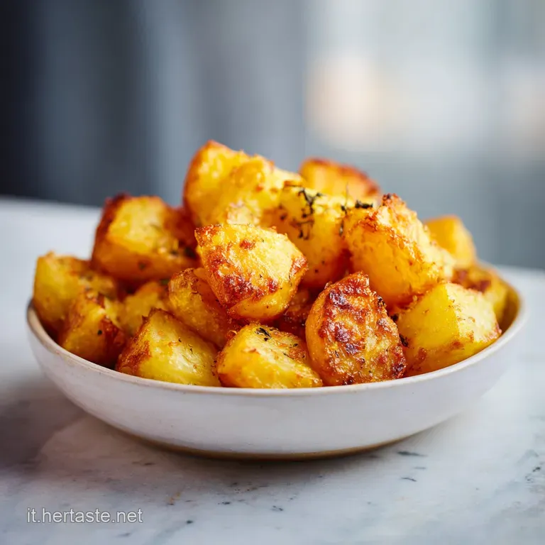 A rustic ceramic bowl overflowing with steaming, perfectly roasted potato chunks and fragrant rosemary.