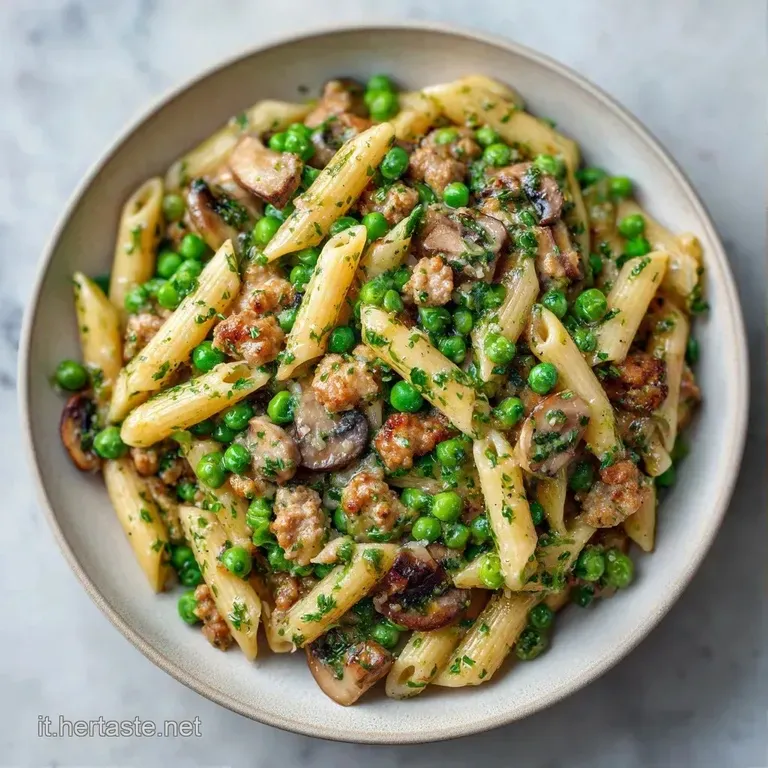 Piatto di pasta corta avvolta in una salsa densa e vellutata, guarnita con fette di fungo dorato e un tocco di verde.