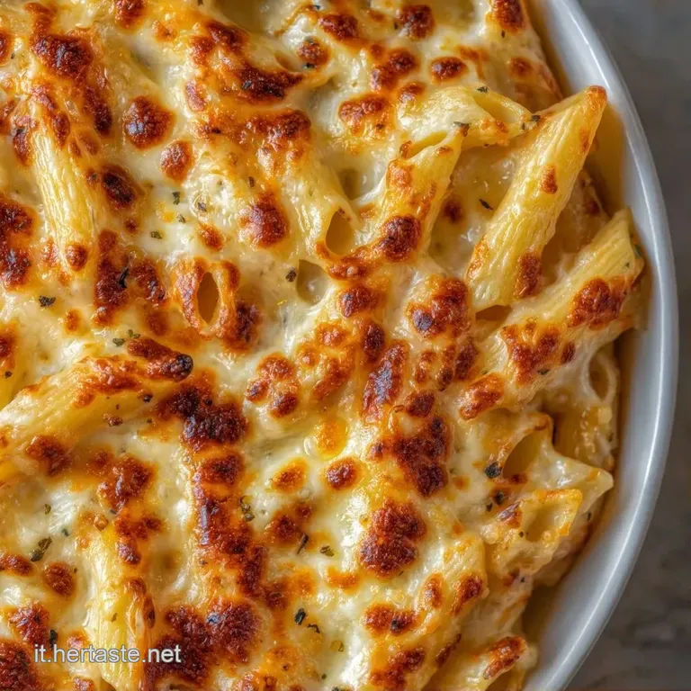 Piatto elegante con pasta cremosa, fili di formaggio fuso che si allungano e un tocco di prezzemolo fresco verde brillante.