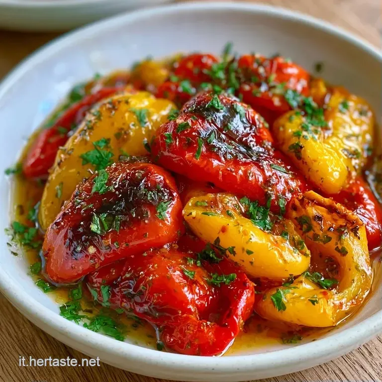 Fette di peperoni colorati disposte con cura su un piatto ceramica, guarnite con prezzemolo fresco e un filo d'olio.