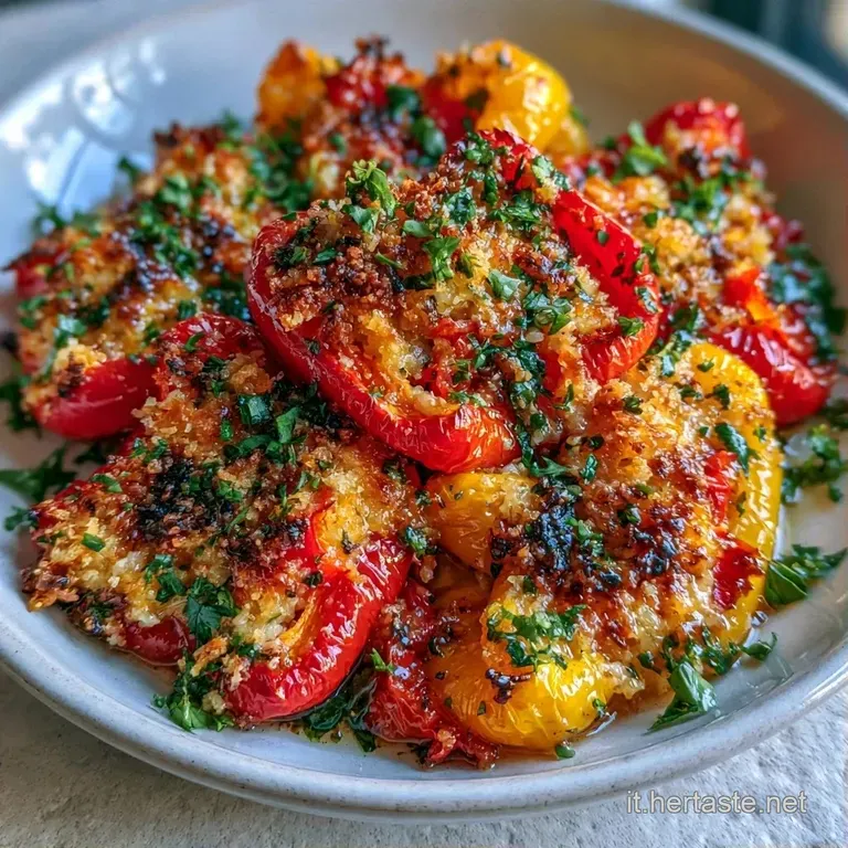 Peperoni arrostiti colorati disposti con cura su piatto bianco, con superficie croccante e bordi leggermente bruciacchiati.