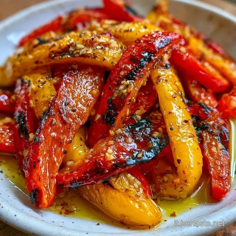 Peperoni arrostiti disposti a ventaglio, dalla pelle morbida e brillante, guarniti con erbe aromatiche e olio dorato.