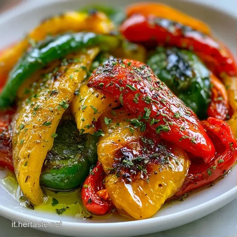 Listarelle di peperoni colorati disposte con cura su un piatto bianco, completate da un filo d'olio e prezzemolo fresco.
