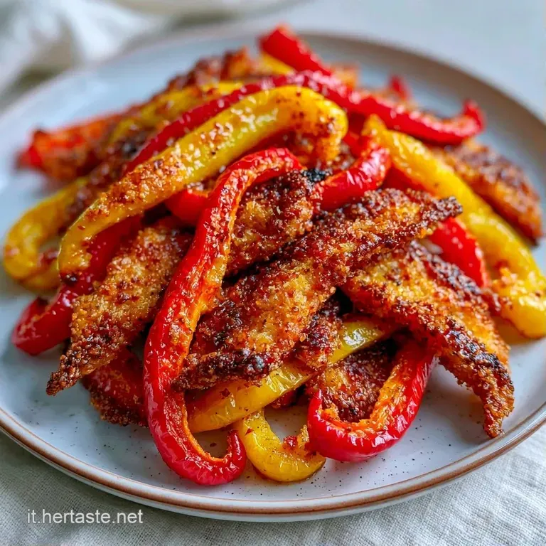 Peperoni colorati disposti con cura su un piatto bianco, coperti da briciole croccanti e un filo d'olio lucido.