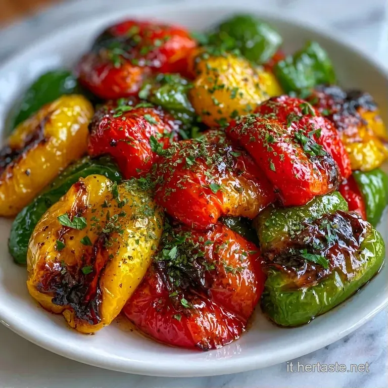 Peperoni colorati disposti a spirale, con bordi croccanti e dorati, guarniti da un pizzico di erbe verdi e olio brillante.