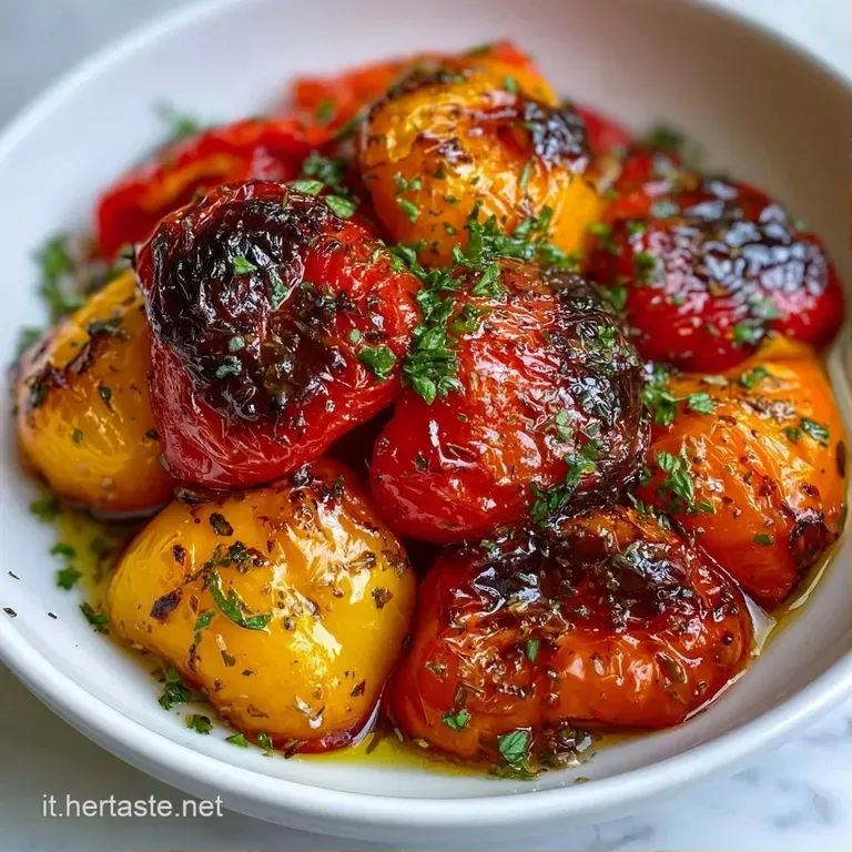 Peperoni arrostiti dai colori vivaci, guarniti con erbe verdi fresche e un filo d'olio dorato su un piatto moderno.