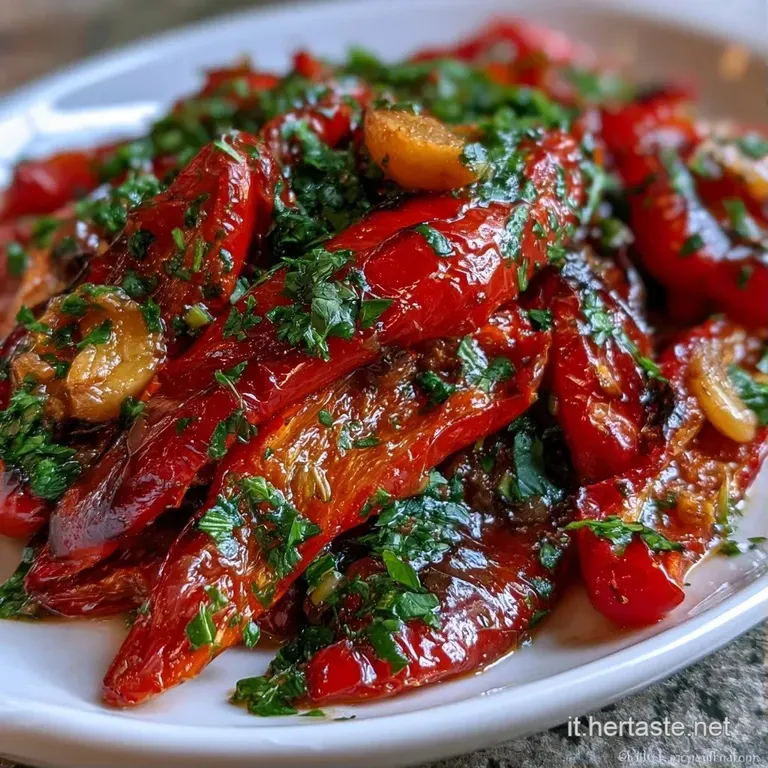 Listarelle di peperoni colorati disposte con cura su un piatto scuro, decorate con aglio croccante e foglie di prezzemolo.