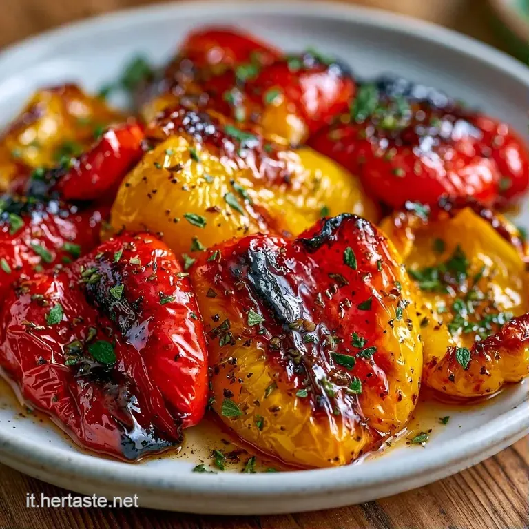 Peperoni colorati disposti con cura su un piatto bianco, guarniti con prezzemolo fresco e un filo d'olio dorato.