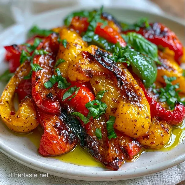 Strisce di peperoni arrostiti dai colori vivaci disposte con cura, ornate con prezzemolo fresco e un filo d'olio dorato.