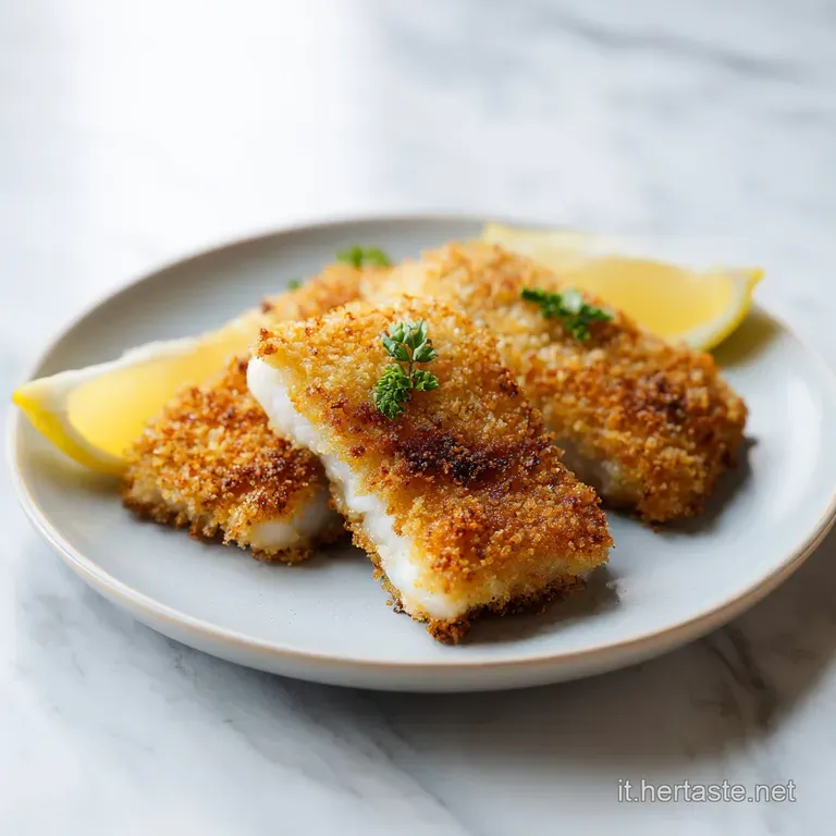 Un filetto di pesce bianco cotto al forno, guarnito con un filo d'olio lucido e rametti di erbe aromatiche verdi.