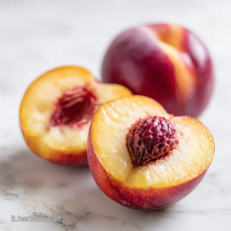A single, glistening baked peach on a white plate, the filling a delicate contrast to the softened fruit skin and sweet sy...