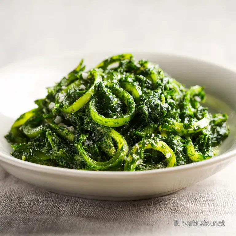 Swirls of dark green kale pesto elegantly dress perfectly al dente pasta. A bright and appetizing dish plated with care an...