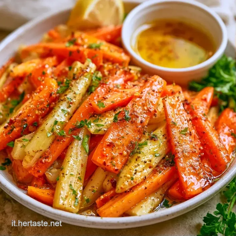 Bastoncini di carote arancio e sedano verde brillante disposti con cura su un piatto bianco con gocce d'olio lucido.
