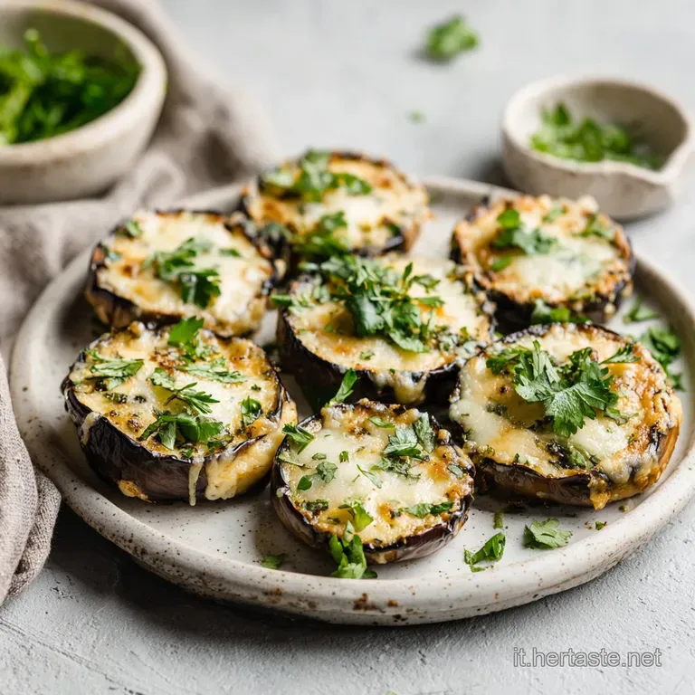 Single pizzette, glistening with olive oil, rests on a white plate. Toasted eggplant & bubbly cheese, simple elegance.