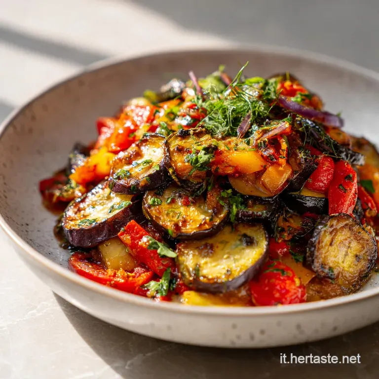 Plated ratatouille: glistening vegetables nestled together, vibrant colors accented by fresh basil, inviting warmth emanat...