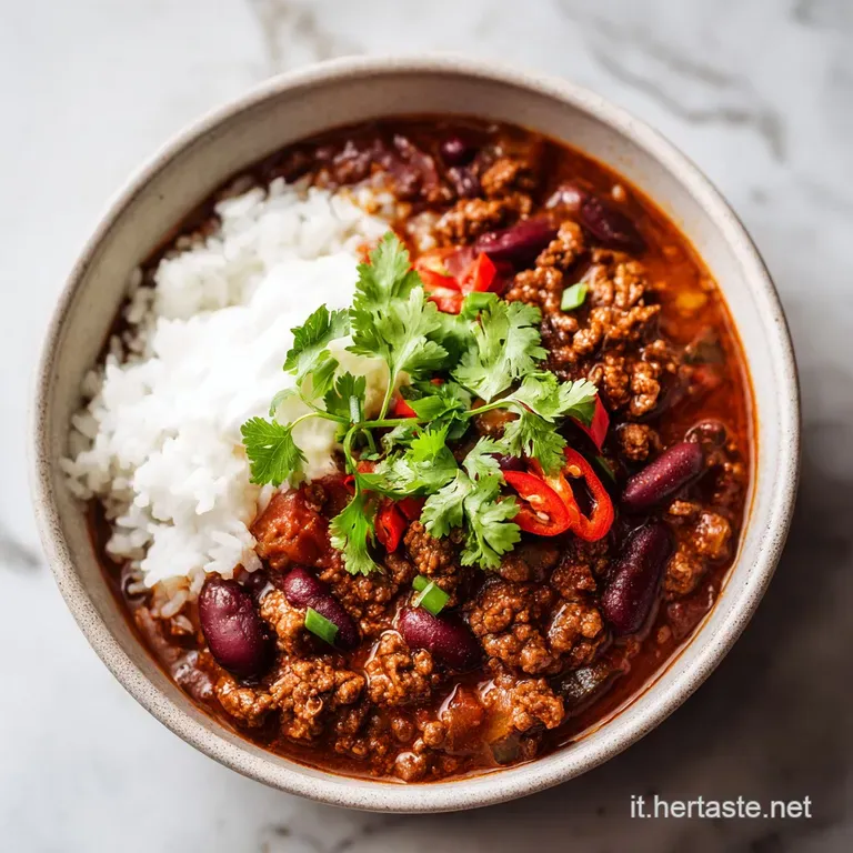 A rustic bowl of hearty chili, topped with vibrant green cilantro and a dollop of cool sour cream.
