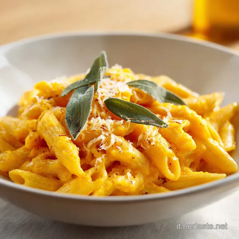 A generous swirl of rich, pumpkin-flecked pasta, topped with fresh parsley, on a rustic ceramic plate.