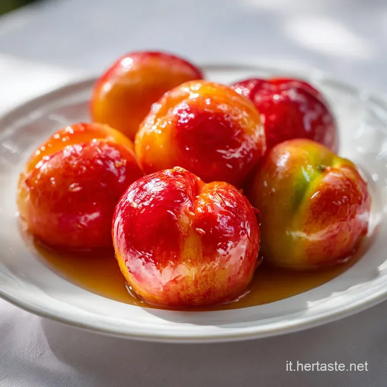 Stuffed peach half glistens with syrup; sugared almonds and cocoa dust add texture to the rustic dessert on a white plate.