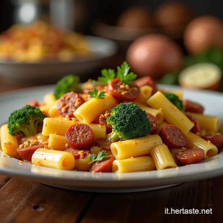Rigatoni Cremosi Il Trionfo Di Salsiccia Croccante E Cime Di Broccoli presentation