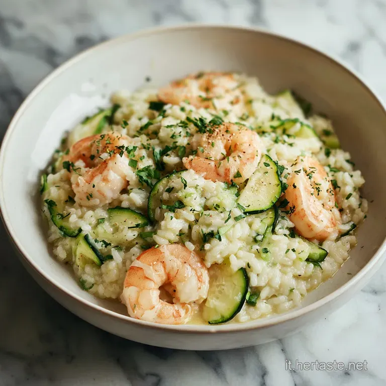 Elegant plate of risotto, vibrant zucchini ribbons, plump pink shrimp, and a sprinkle of fresh herbs, creating a culinary ...