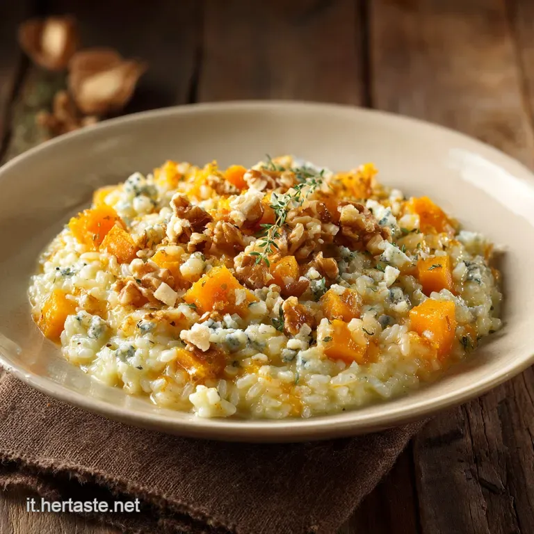 Elegant swirl of saffron-hued risotto topped with crumbled cheese, chopped walnuts, and vibrant squash; plated with a spri...