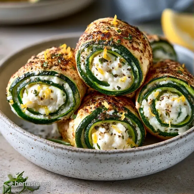 Rotolini di zucchina disposti con cura su un piatto moderno, decorati con gocce d'olio dorato e foglioline di menta fresca.