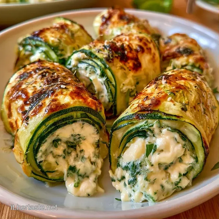 Rotolini di zucchine verdi grigliate disposti con cura, guarniti da erbe aromatiche su un piatto di ceramica scura.