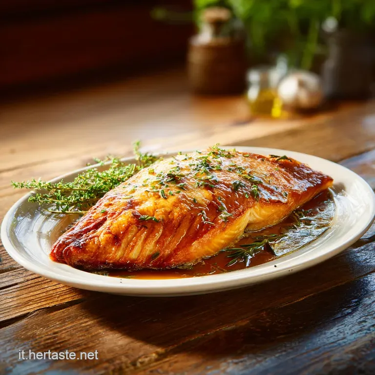 Salmon fillet served on a bed of vibrant green spinach, drizzled with lemon sauce. Parsley garnish adds a fresh touch.