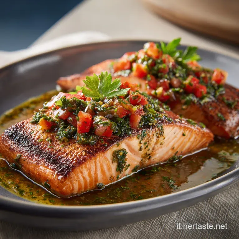 Flaky salmon fillet elegantly plated with blistered tomatoes and bright green herbs. Olive oil glistens across the dish.