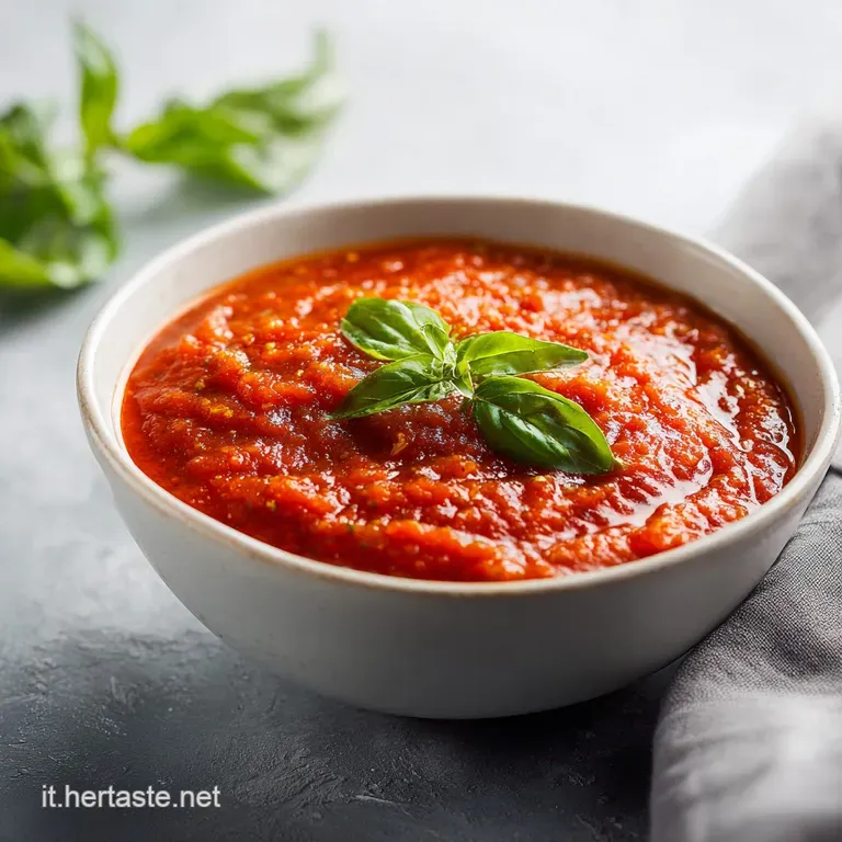 Ladle of rich, scarlet tomato sauce being poured over pasta, highlighting the sauce's glossy sheen and rustic, textured ap...