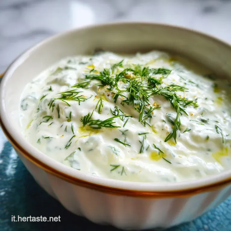 Elegant bowl of cool, creamy salsa tzatziki, garnished with fresh herbs and served with warm pita bread triangles on a whi...