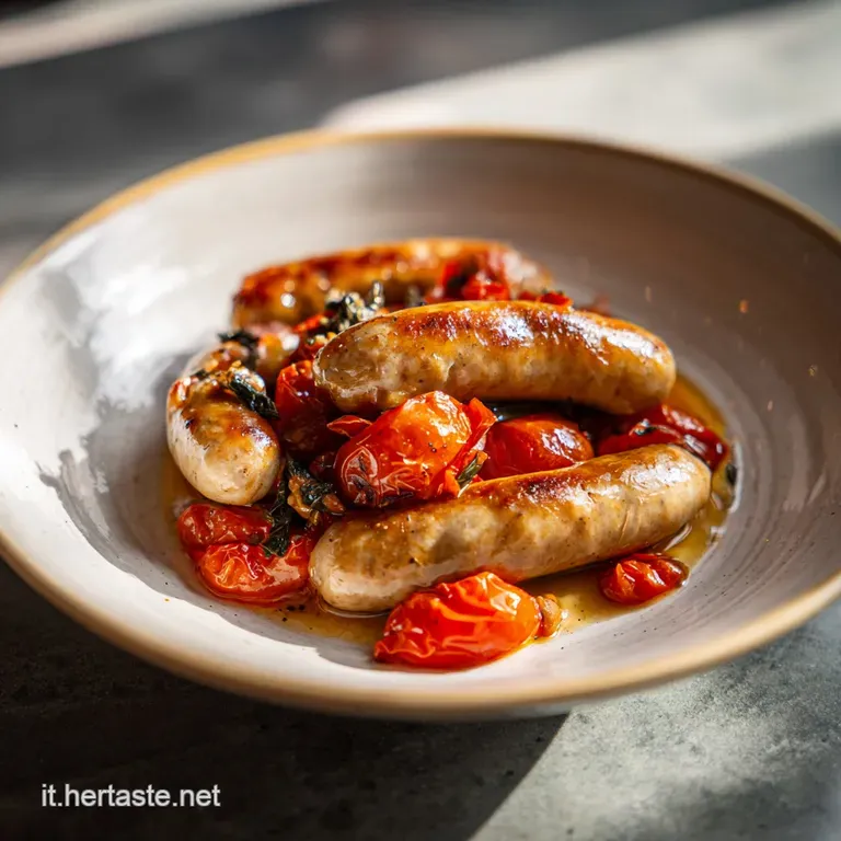 Plated serving of rustic sausage and vibrant leafy greens, steam rising, ready to eat, garnished with red pepper flakes.