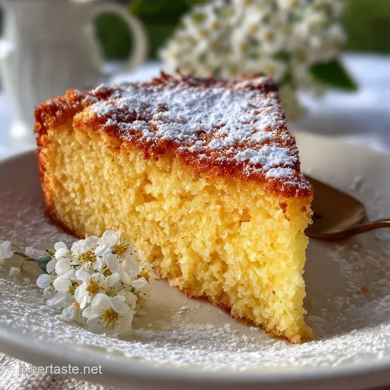 Slice of rustic almond cake served on a white plate. Crumbling edges and coarse texture glisten invitingly in warm lighting.