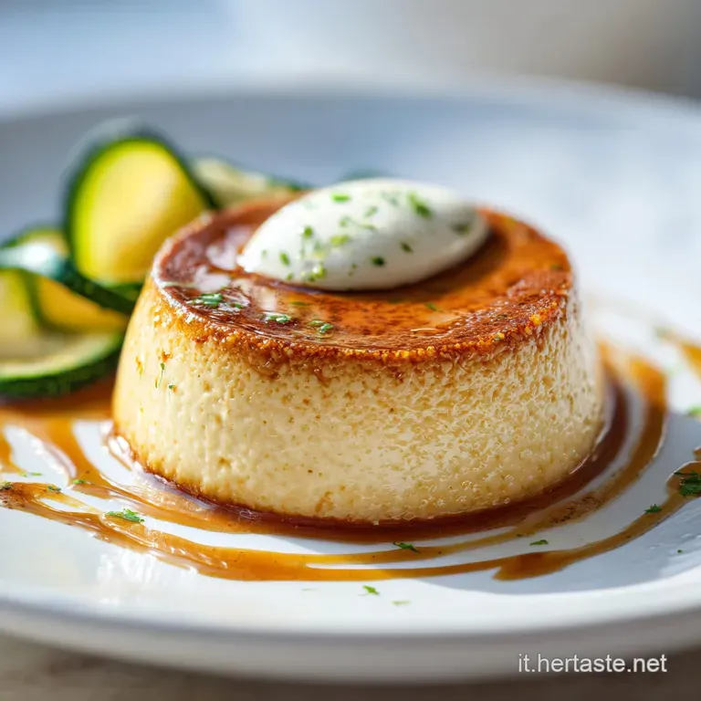 Slice of creamy zucchini sformato on a white plate, drizzled with olive oil and sprinkled with fresh basil. Elegant presen...