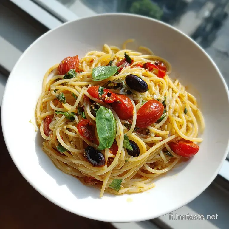 A generous portion of vibrant spaghetti alla puttanesca artfully arranged in a rustic bowl, glistening with sauce.