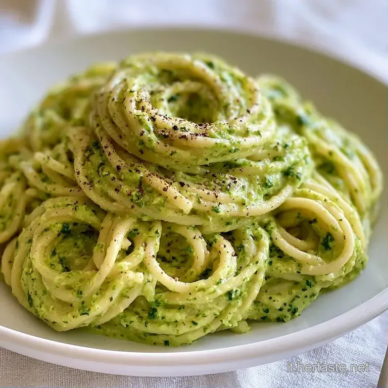 Un nido di pasta lucida in un piatto bianco, guarnito con zucchine tenere e una spolverata di formaggio grattugiato.