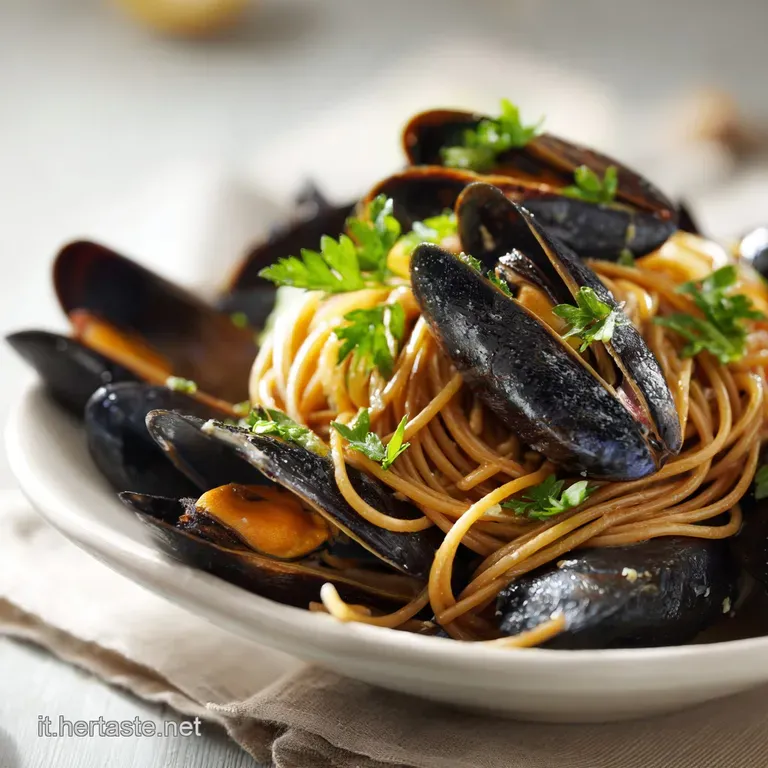 Spaghetti avvolti a spirale con cozze lucide disposte con cura, guarnite da foglie di prezzemolo su ceramica bianca.